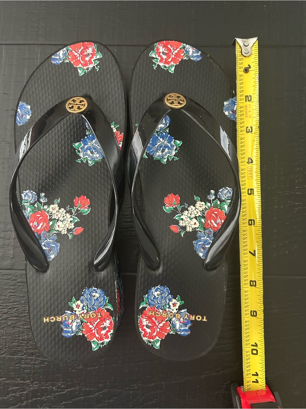 Tory Burch Black Sandal with Red & Blue Floral Print and Gold Logo - Picture 2 of 7